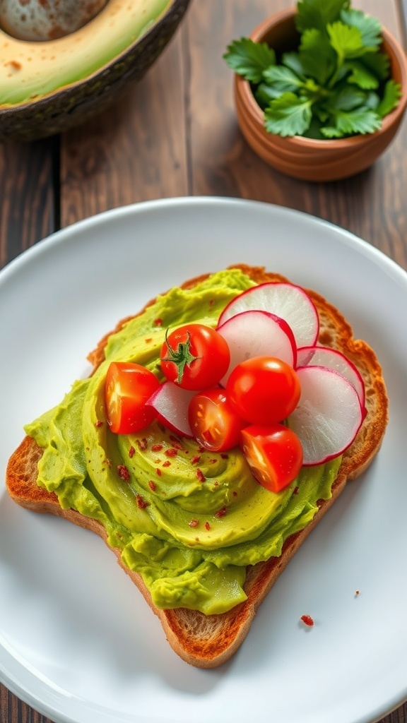 A plate of avocado toast topped with radishes and tomatoes on a wooden table.